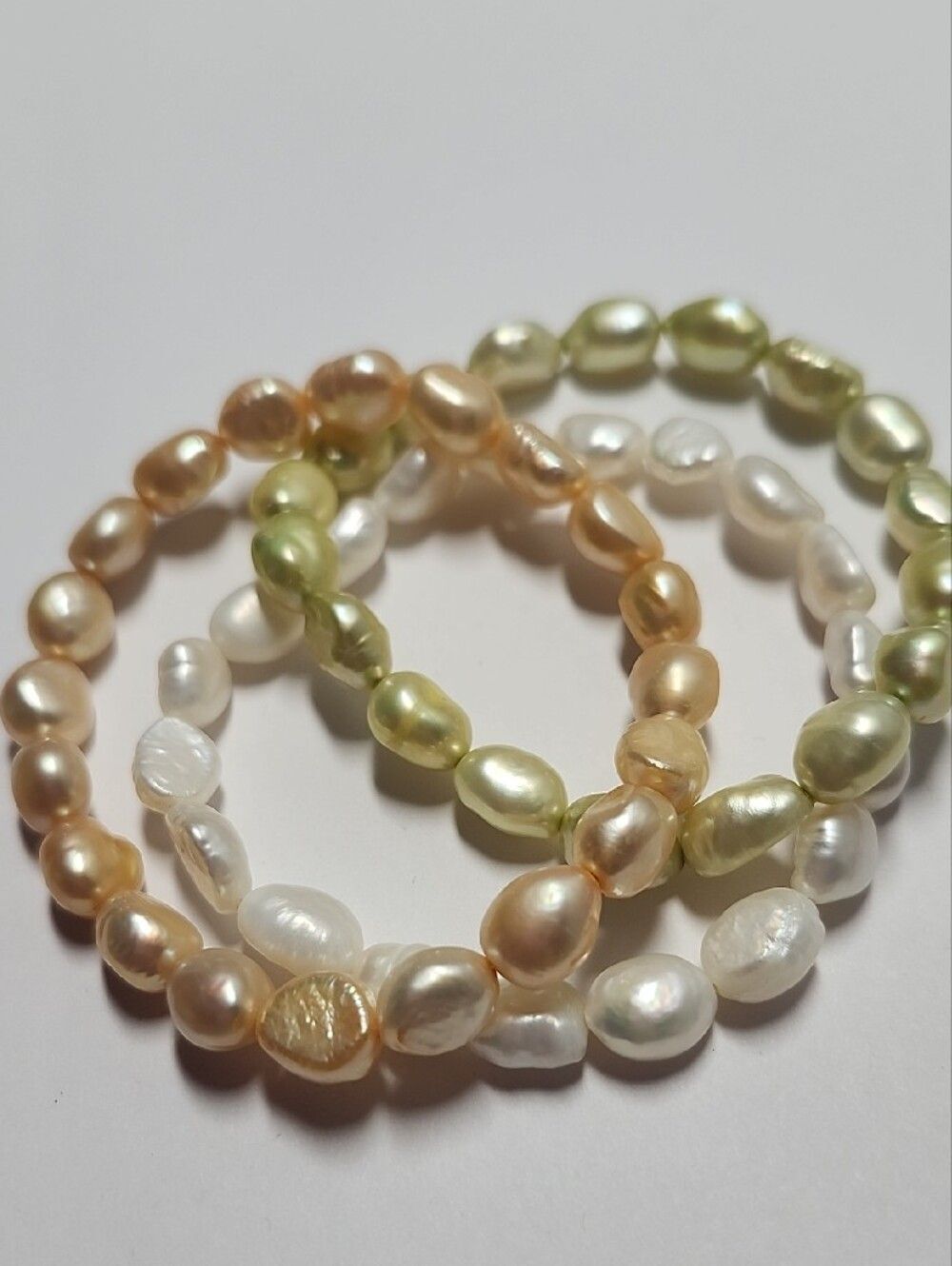 Real Pearl Stretch Bracelet Set — White, Green, Peach - Picture 4 of 4